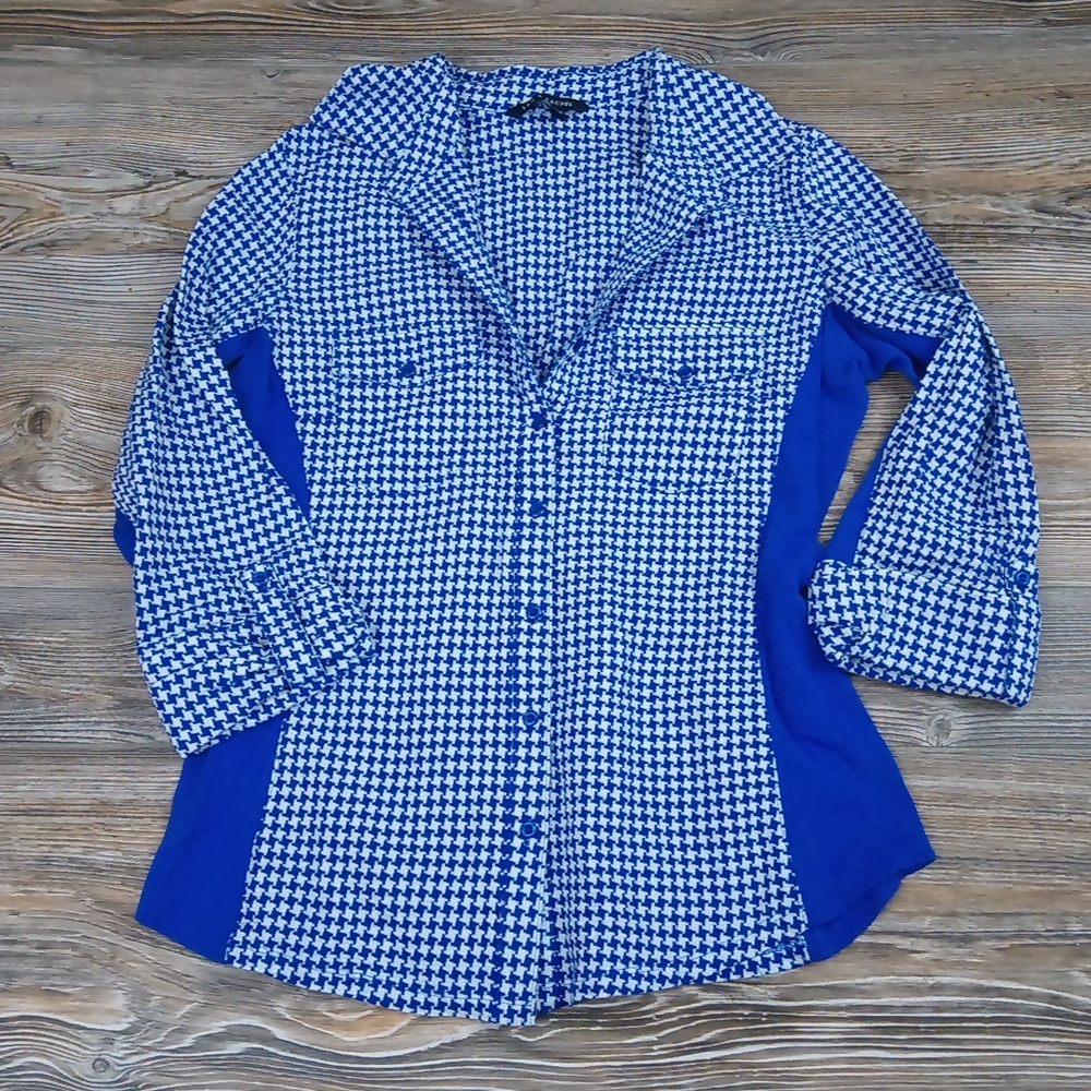 Houndstooth Checkered Knit Button Down Front Flannel Shirt Blouse Top